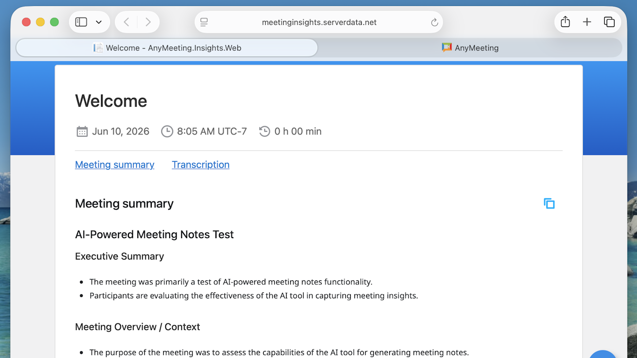 An AI-generated meeting recap summary displayed in the Safari browser on a Mac.