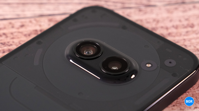 Detailed view of the dual 50MP camera sensors centered on the upper back of the Nothing Phone 2a.