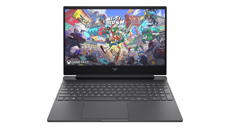 HP Victus 15.6-inch gaming laptop displaying a high-definition game scene on its screen.