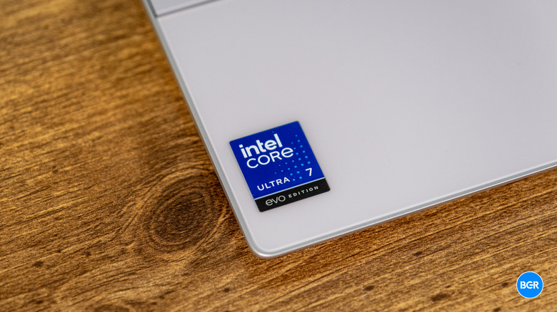 Close-up of the Intel Core Ultra sticker on the silver palm rest of the Dell XPS 13 9350.