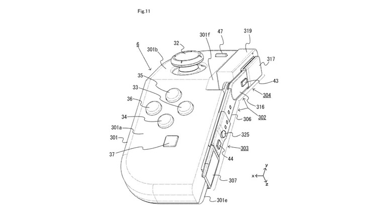 A patent illustration of a Nintendo Switch controller with a visible hinge mechanism in the center.