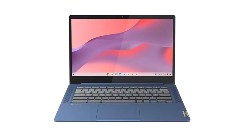 The Lenovo IdeaPad Slim 3 Chromebook showing its thin profile and blue chassis.