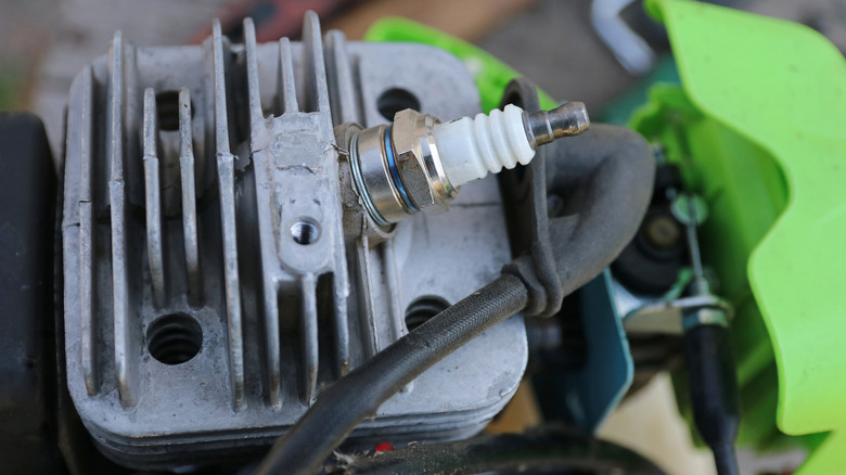 Close-up detail of a weed eater's small internal combustion engine and fuel lines.