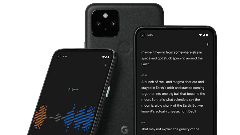 Multiple Google Pixel phones showcasing the Google Recorder app's transcription and recording screens.
