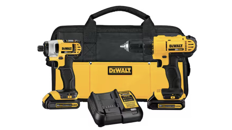 DeWalt 20V MAX Cordless Drill and Impact Driver bundle with two batteries and a black and yellow tool bag.