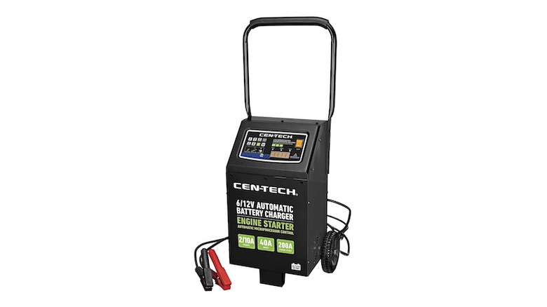 Isolated studio shot of the Cen-Tech 200 Amp wheeled battery charger on a white background.
