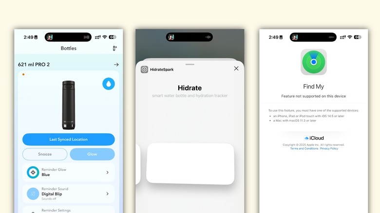 The HidrateSpark mobile app interface showing hydration tracking data.
