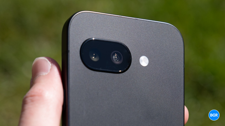 Close-up of the Google Pixel 9a's flush-mounted dual camera system.