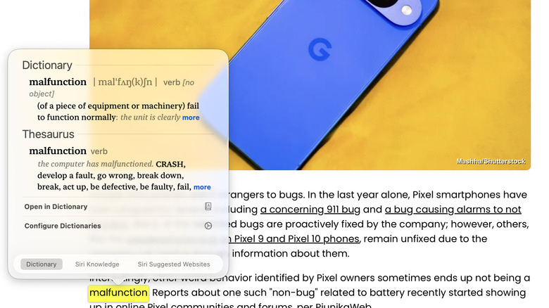 A screenshot showing the macOS Dictionary pop-up appearing over a web article via the Look Up gesture.