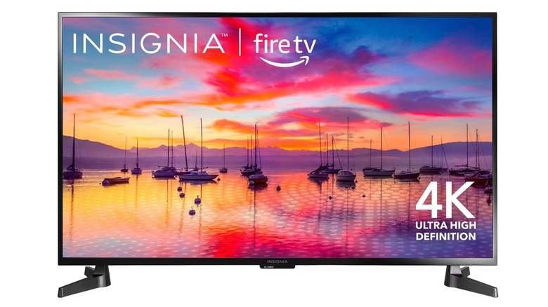 A compact 43-inch Insignia 4K TV suitable for a guest room or kitchen setup.