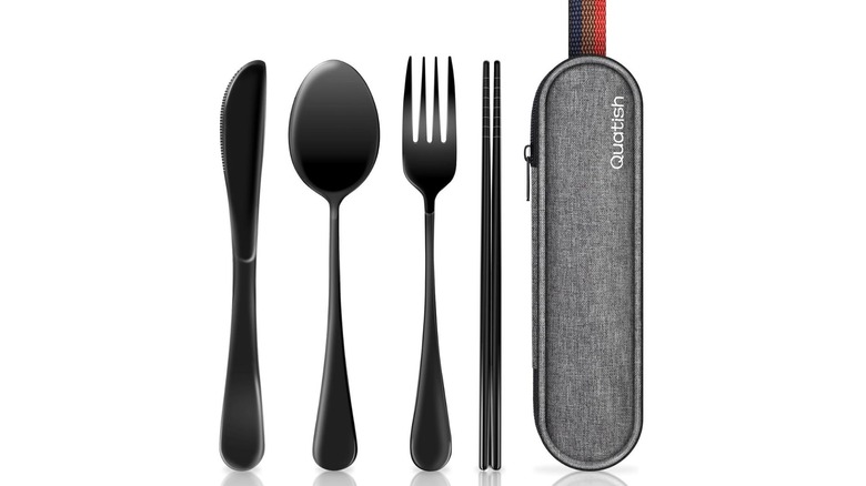 Full set of ultralight titanium camping cutlery including a fork, spoon, and chopsticks.