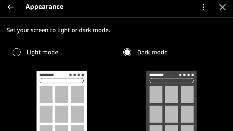 The Kindle Appearance menu showing options for Light and Dark modes.