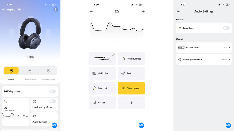 A smartphone showing the Baseus app interface with 8-band EQ sliders.