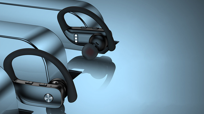 Front view of black Bmani wireless earbuds with ergonomic over-ear hooks.