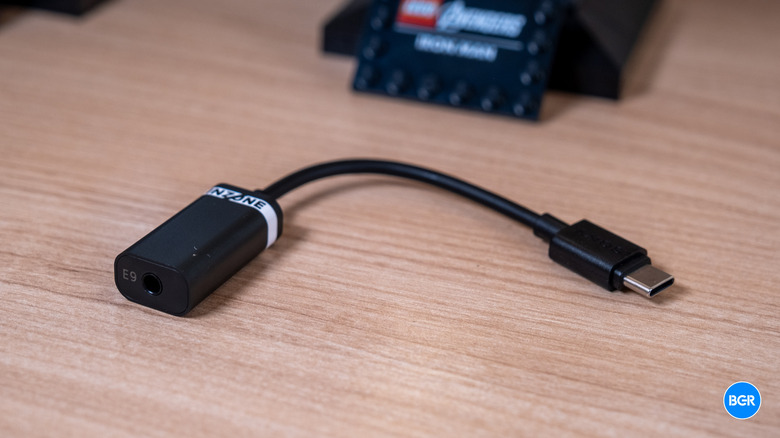 Close-up of the Sony Inzone E9 USB-C DAC dongle.