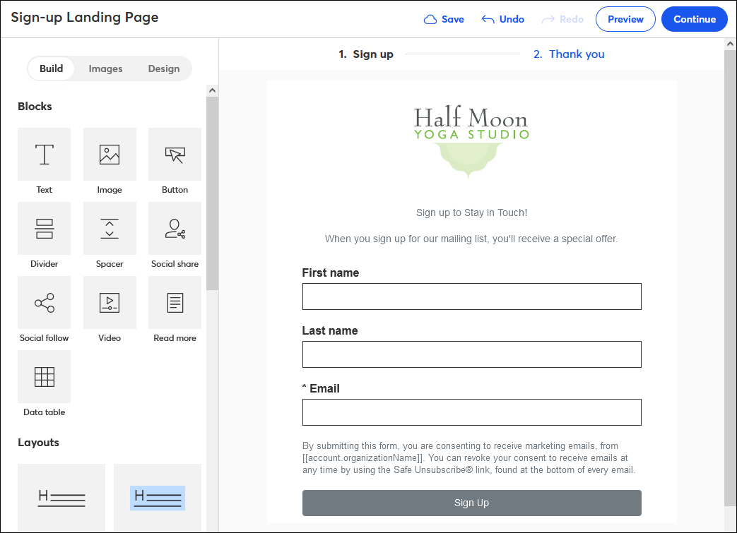 The Constant Contact online form editor showing customization options for contact lists.
