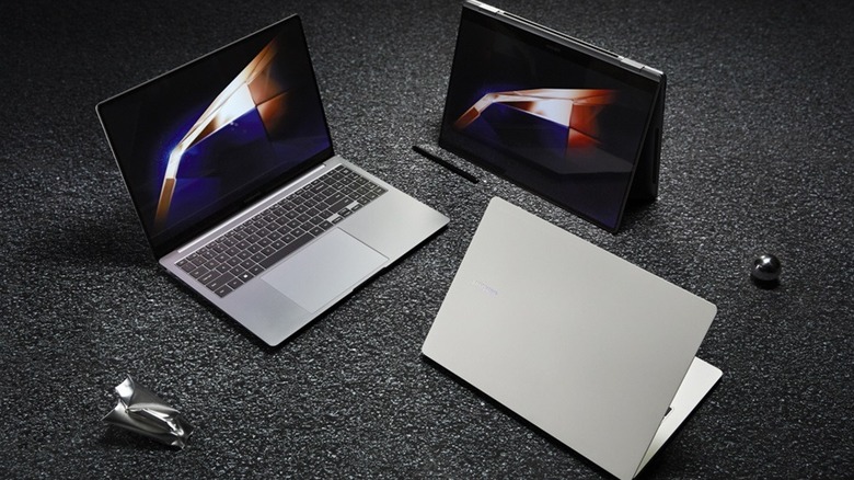 Samsung Galaxy Book4 laptops arranged to show their thin profile and versatile hinge positions.