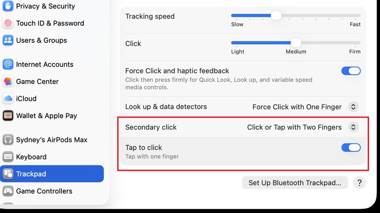 The macOS Trackpad settings showing Secondary Click and Tap to Click configuration options.