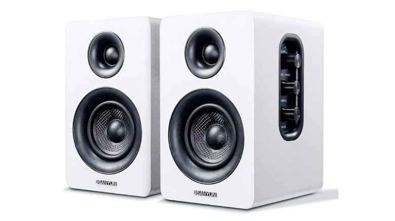 A pair of Sanyun SW208 active Bluetooth speakers in a white finish, designed for desktop use.