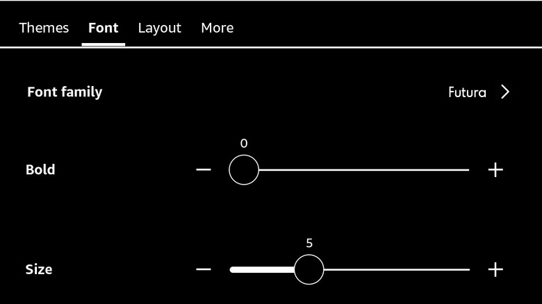 The font selection tab within the Kindle Aa menu showing various typeface options.