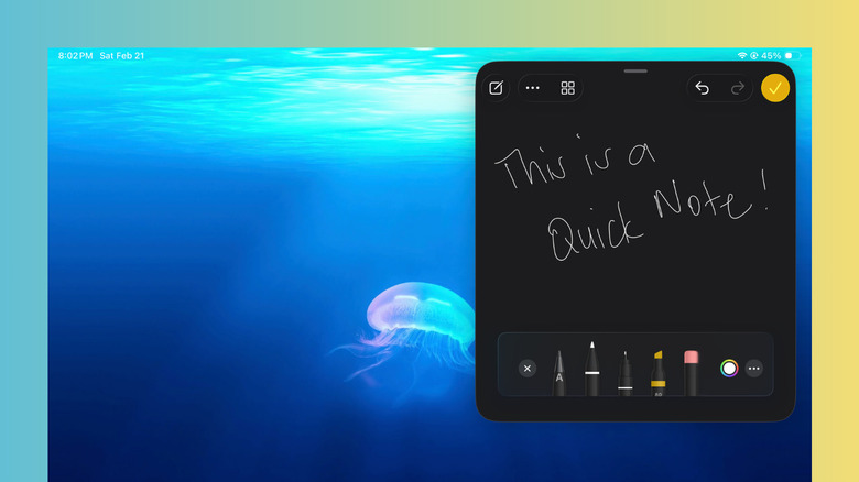 An Apple Pencil being used on an iPad screen to activate a Quick Note during a research session.