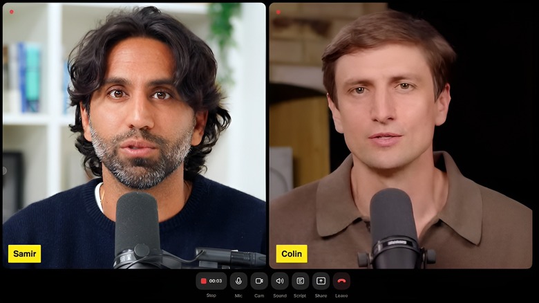 A screenshot of the Riverside app interface showing two participants in a remote recording session.