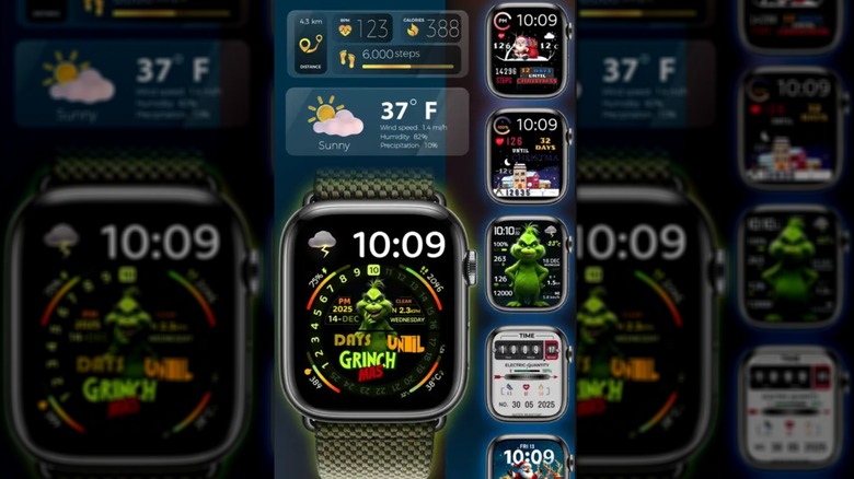 Several Apple Watch faces featuring dynamic animations of The Grinch from the Watch Faces Gallery app.