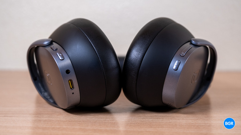 Close-up detail of the plush memory foam ear cups on the Baseus XH1.