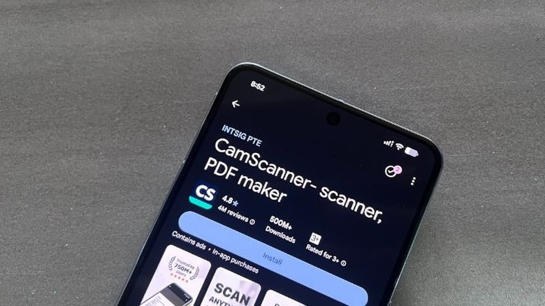 A smartphone screen showing the CamScanner app listing in the Play Store.