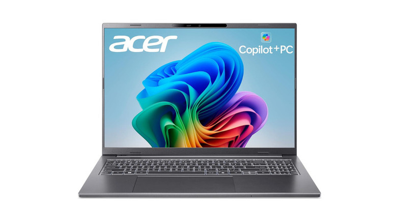 Front view of an Acer Aspire 16 showing the Windows 11 desktop and Copilot+ PC branding.