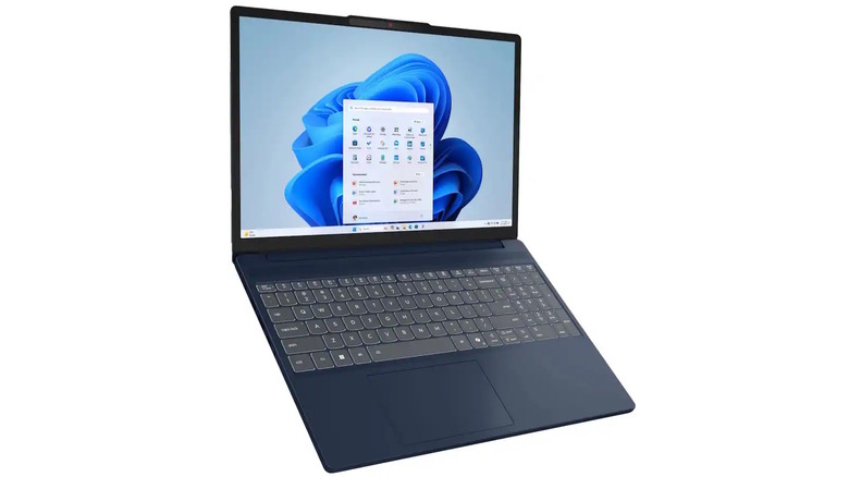Lenovo IdeaPad Slim showing a backlit full-size keyboard and 16-inch display area.