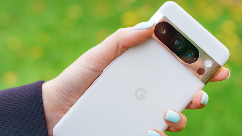 A person holding a Google Pixel 8 smartphone, depicting comfortable long-term daily use.