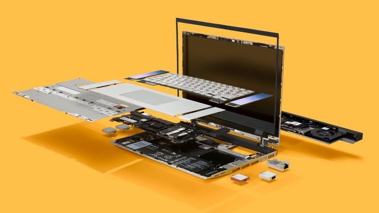 A close-up view of the Framework Laptop 16 showing the modular expansion card slots.