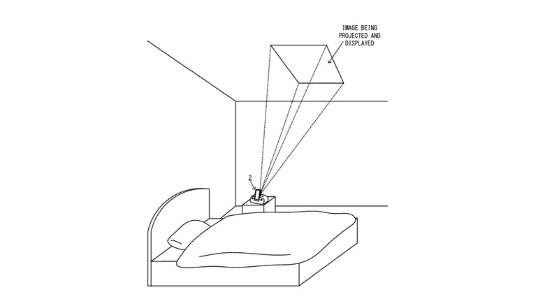 Technical patent drawing of a bedside device projecting information onto a bedroom ceiling.