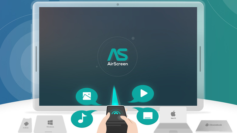 The AirScreen application logo prominently displayed on a mobile tablet screen.