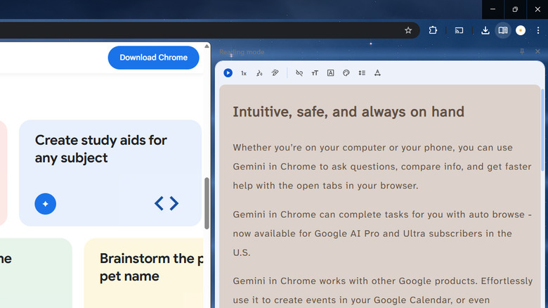 The Chrome side panel showing a clean, text-only version of an article alongside the main webpage.