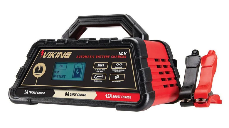 Viking 2/8/15 Amp automatic battery charger featuring a digital display and multiple mode settings.