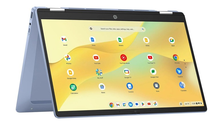 The HP Chromebook x360 in a convertible mode showing its touchscreen capabilities.