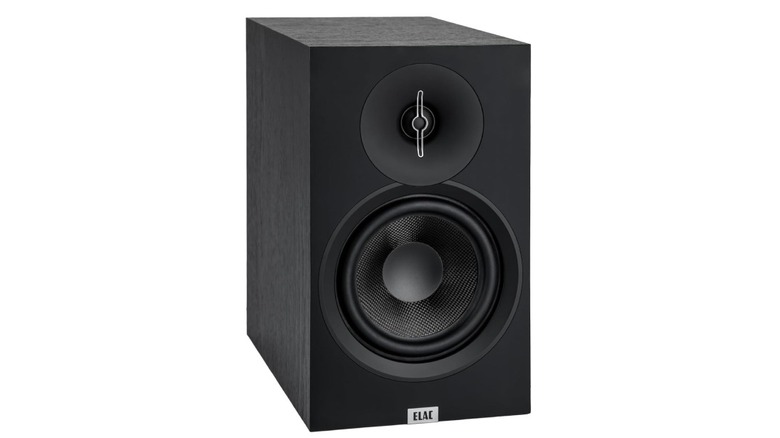 The ELAC Debut 3.0 DB63-BK speaker showing its aramid fiber woofer and silk dome tweeter.