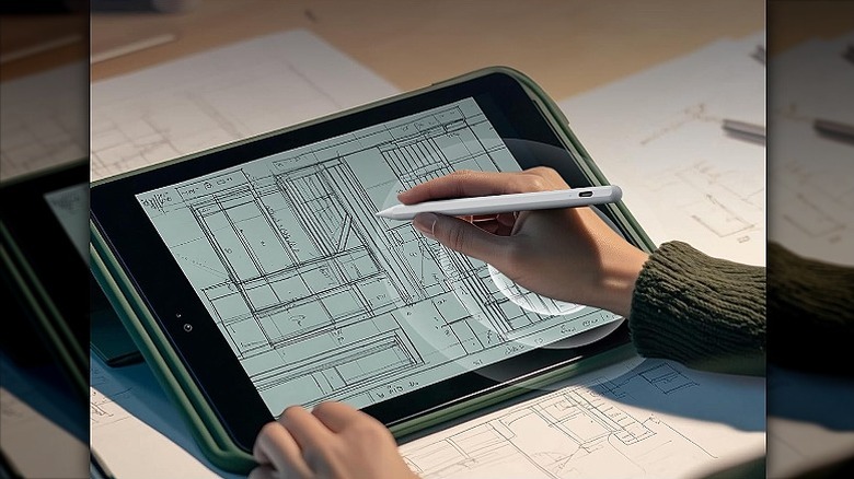 A hand using a stylus to create a detailed digital sketch on a tablet screen.