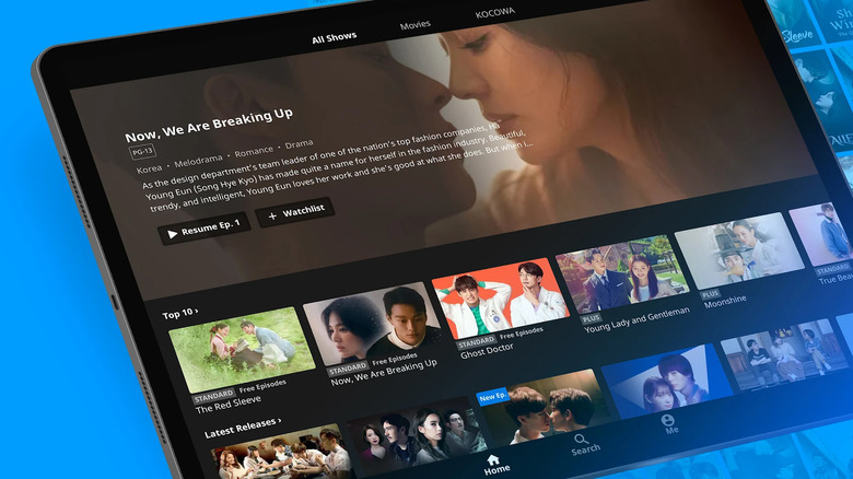 The Rakuten Viki app interface displayed on a tablet featuring various K-drama titles.