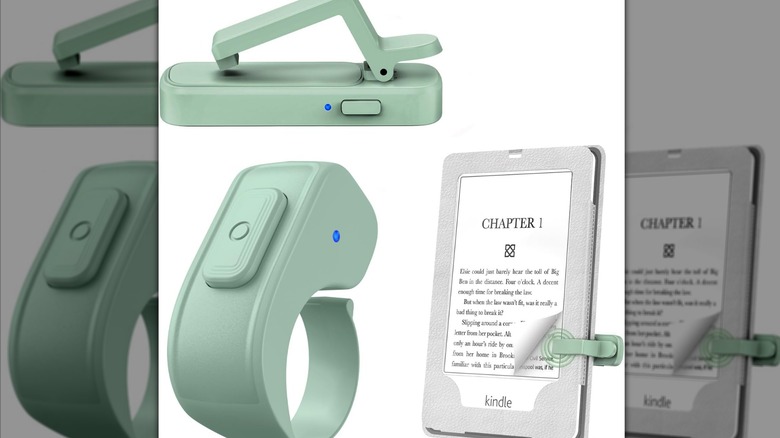 Close-up of the Jimzoo Page Turner Ring and its companion clip attached to an e-reader tablet.