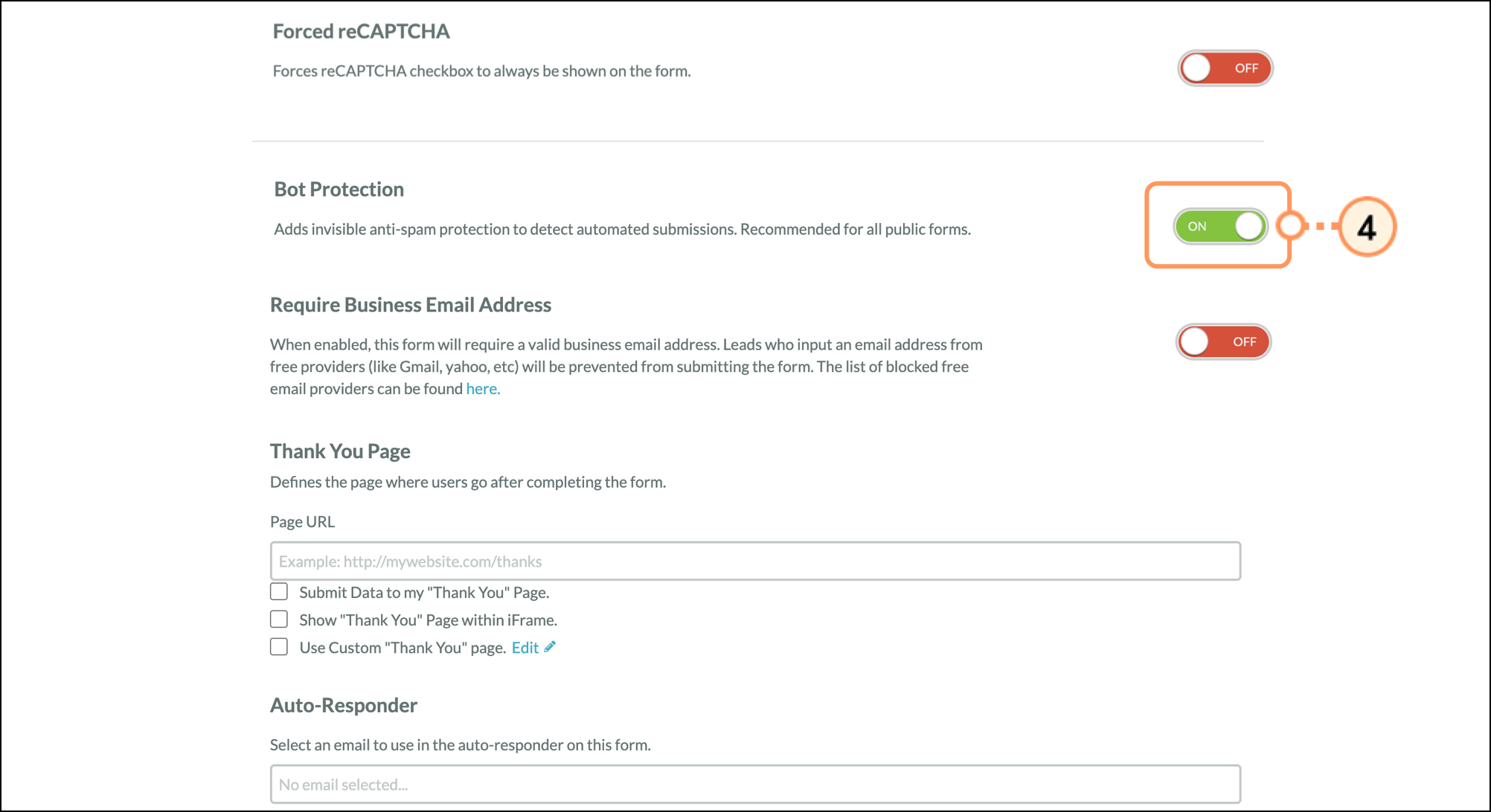 A settings toggle interface for Honeypot bot protection to prevent spam signups.