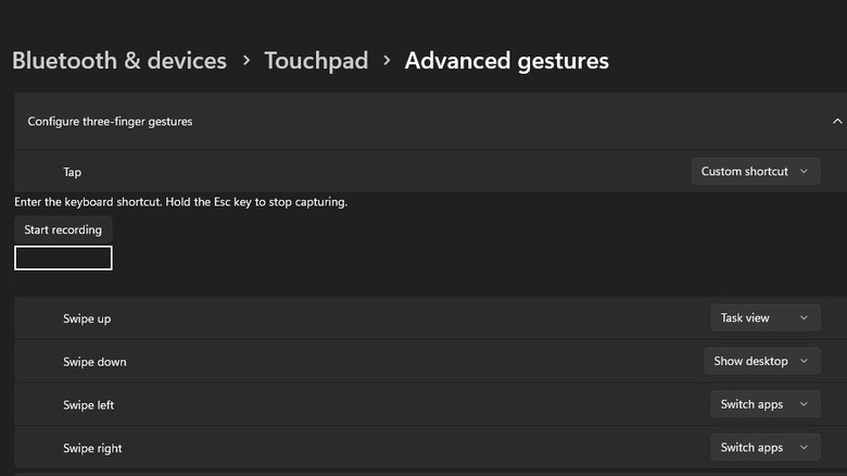 Windows 11 screenshot of a custom keyboard shortcut recording for a three-finger tap.