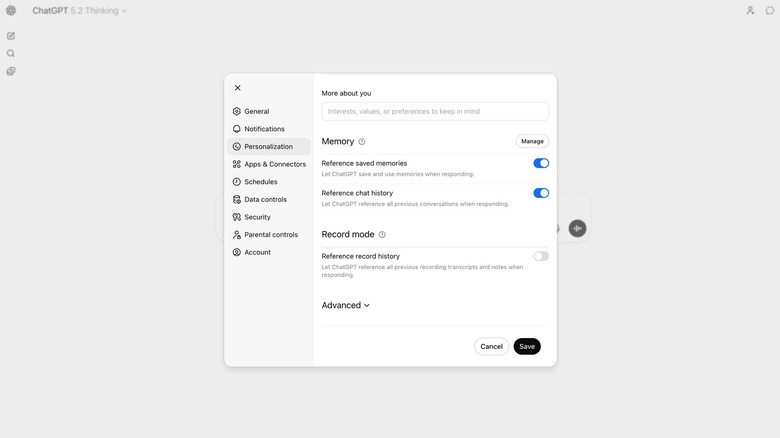 The Personalization settings menu in ChatGPT showing the Memory management feature.