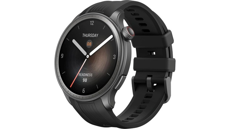 The Amazfit Balance smartwatch with a black wristband shown in a front-facing product shot.