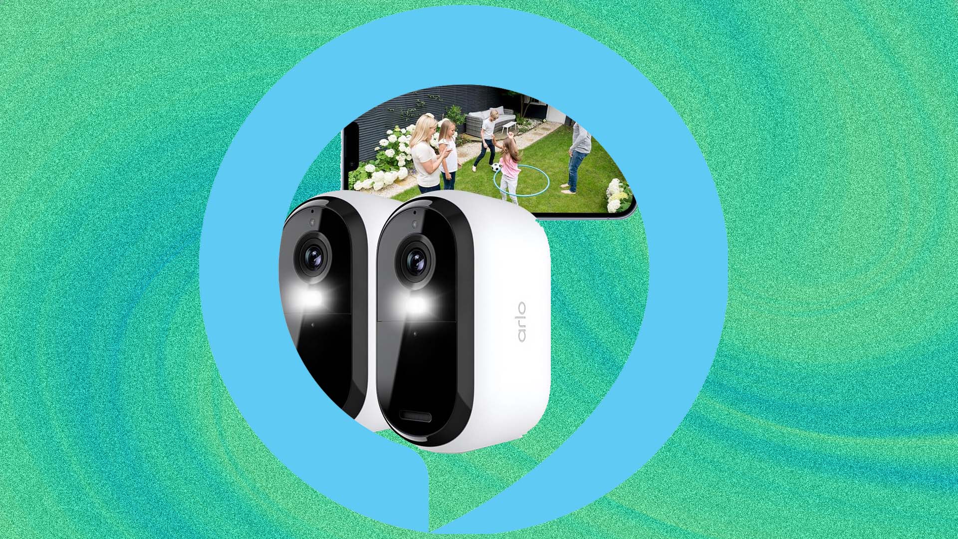 A professional setup showing an Arlo camera integrated with an Alexa-enabled smart display.