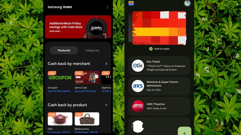 Side-by-side comparison of the home screens of Samsung Wallet and Google Wallet on Android.