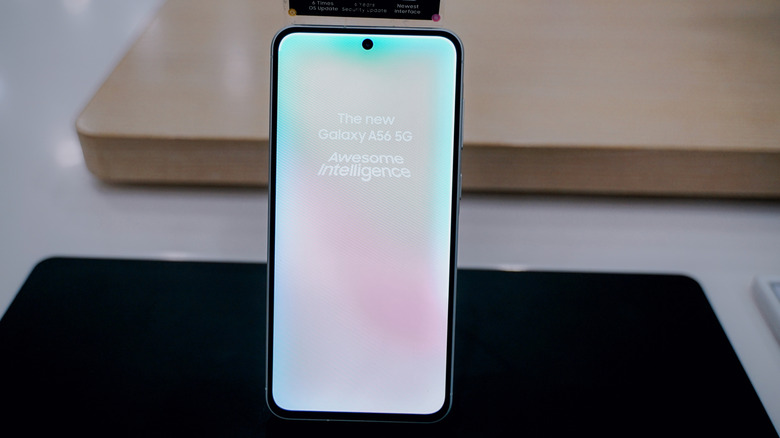 A Samsung Galaxy A56 unit displayed in a modern electronics store.