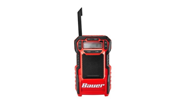 Bauer cordless jobsite radio with rugged red and black housing.